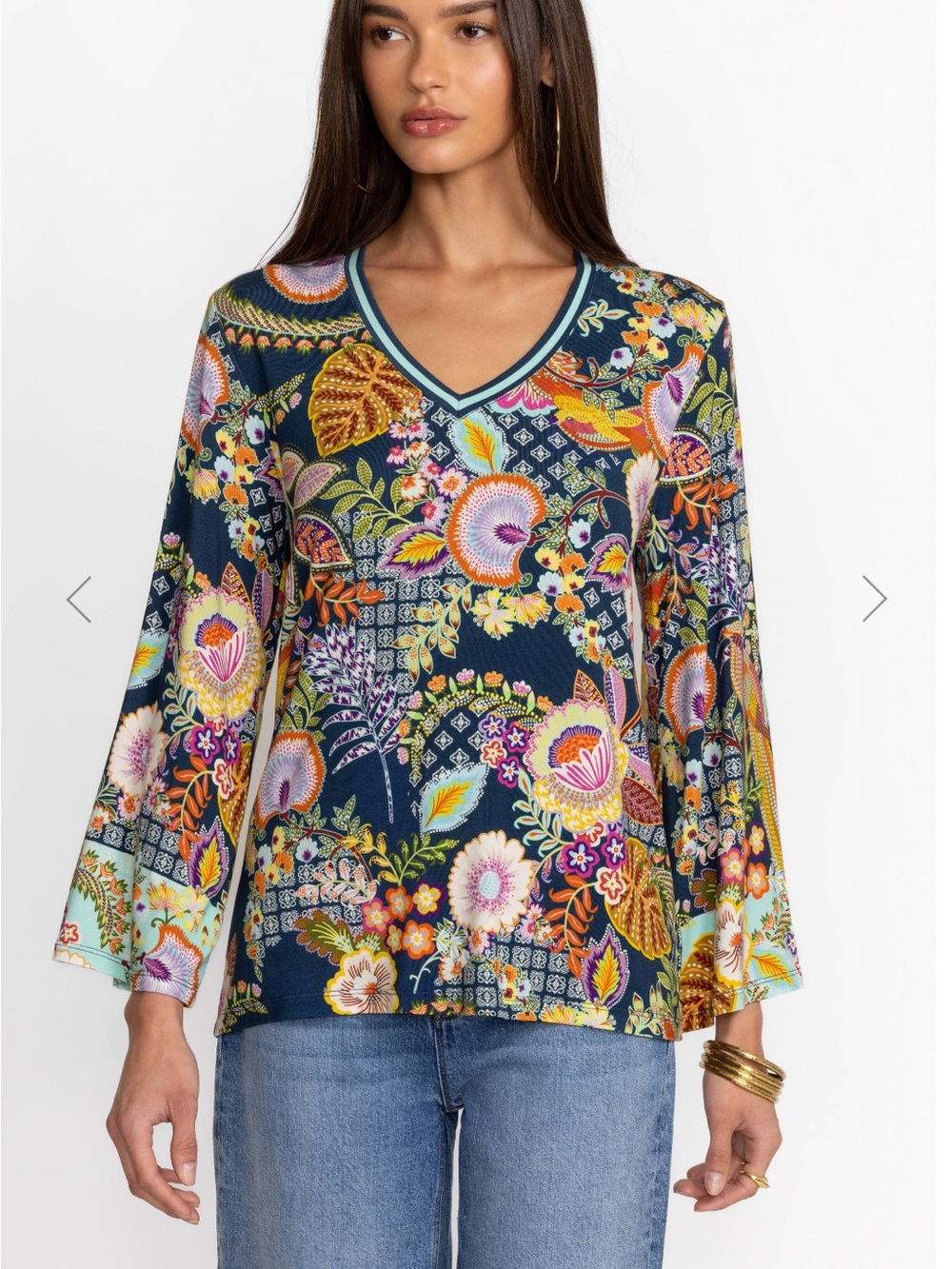 Johnny Was Navy Floral V-Neck Bell Sleeve Tunic